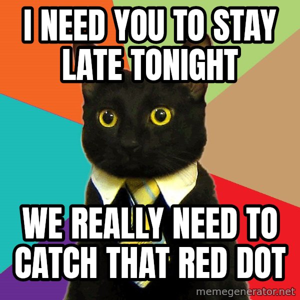 Business Cat meme: I Need You to Stay Late Tonight / We Really Need to Catch That Red Dot
