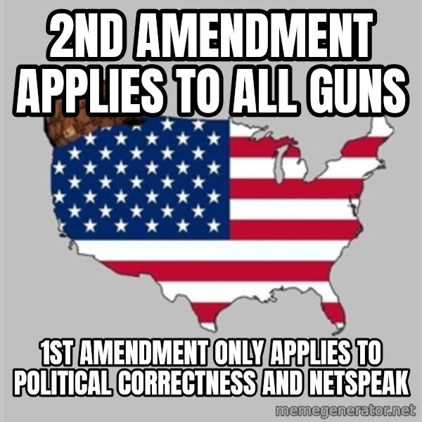 Scumbag America2 meme: 2nd amendment applies to all guns / 1st amendment only applies to political correctness and netspeak
