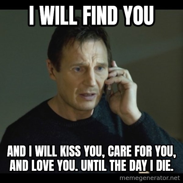 I will Find You Meme meme: I will find you / And I will kiss you, care for you, and love you. Until the day I die.