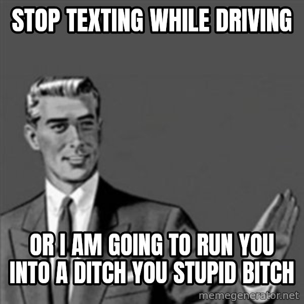 Correction Guy meme: stop texting while driving / or i am going to run you into a ditch you stupid bitch