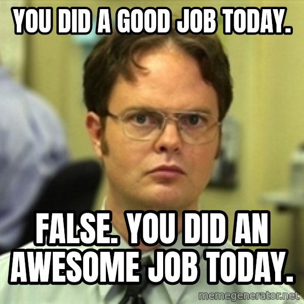 Dwight Schrute meme: You did a good job today. / FALSE. You did an awesome job today.