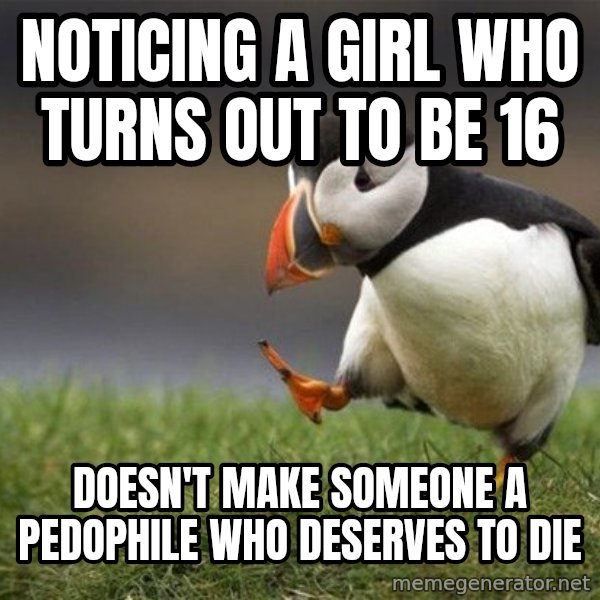 Unpopular Opinion Puffin meme: Noticing a girl who turns out to be 16 / Doesn't make someone a pedophile who deserves to die