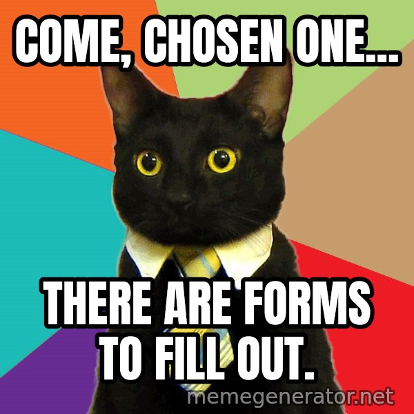 Business Cat meme: come, chosen one... / there are forms to fill out.