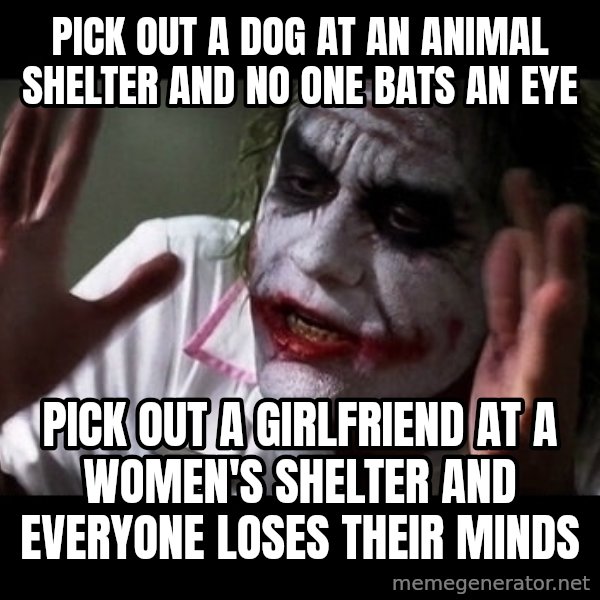 joker mind loss meme: pick out a dog at an animal shelter and no one bats an eye / pick out a girlfriend at a women's shelter and everyone loses their minds