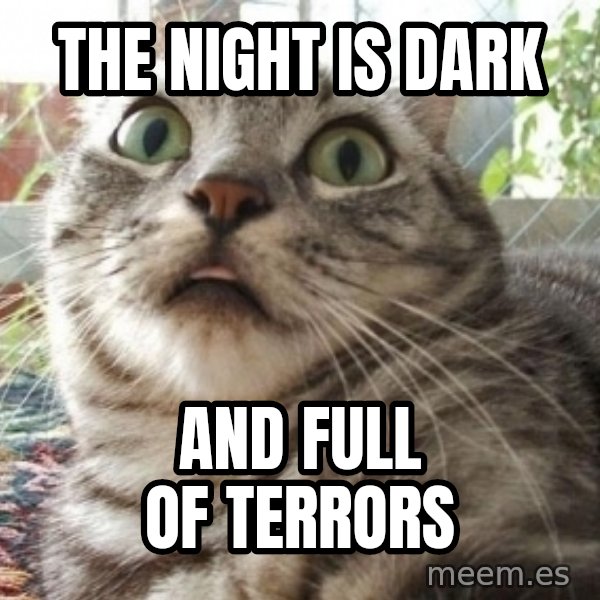 scared cat meme: The night is dark / and full of terrors