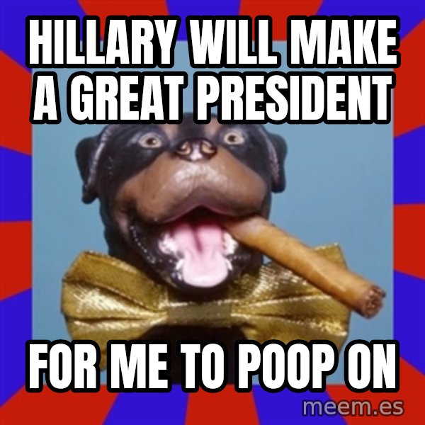 Triumph the Insult Comic Dog meme: Hillary will make a great president / For me to poop on