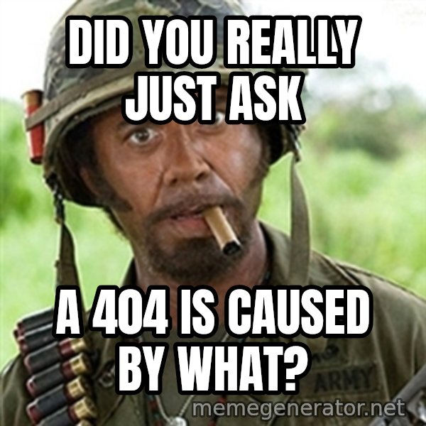 Tropic Thunder meme: DID YOU REALLY JUST ASK / A 404 is caused by what?