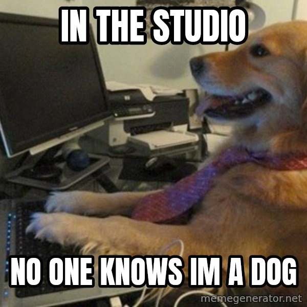 I have no idea what I'm doing - Dog with Tie meme: in the studio / no one knows im a dog