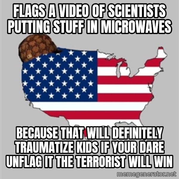 Scumbag America2 meme: flags a video of scientists putting stuff in Microwaves / because that will definitely traumatize kids if your dare unflag it the terrorist will win