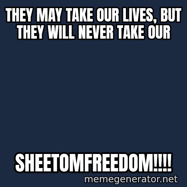william wallace meme: They may take our lives, but they will never take our / SHEETOMFREEDOM!!!!