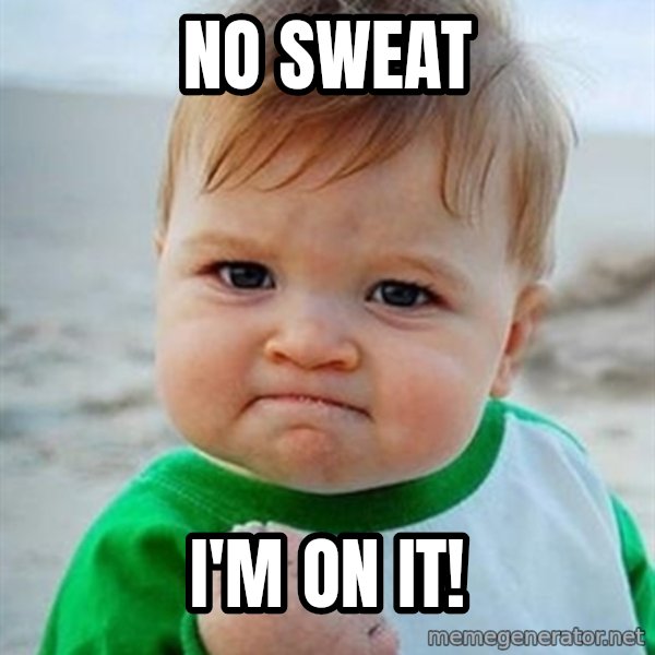 Victory Baby meme: NO SWEAT / I'M ON IT!