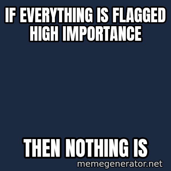 Syndrome Incredibles  meme: if everything is flagged high importance / Then nothing is