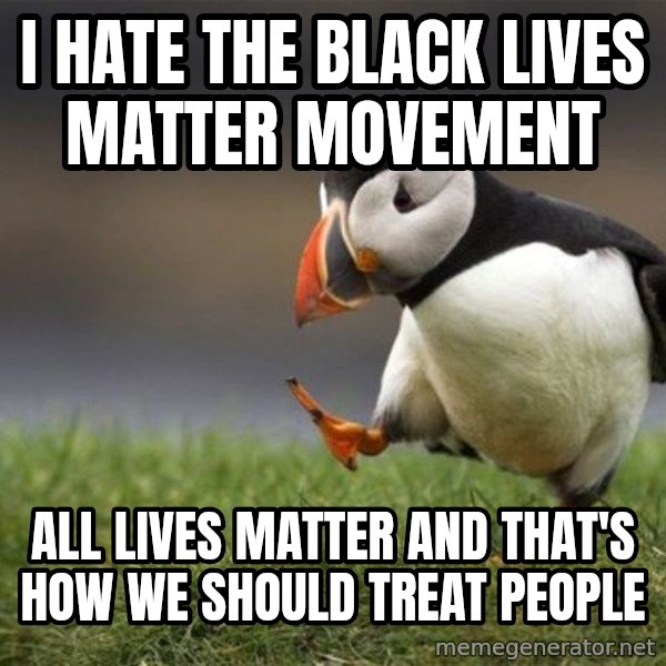 Unpopular Opinion Puffin meme: I hate the Black Lives Matter movement / All lives matter and that's how we should treat people