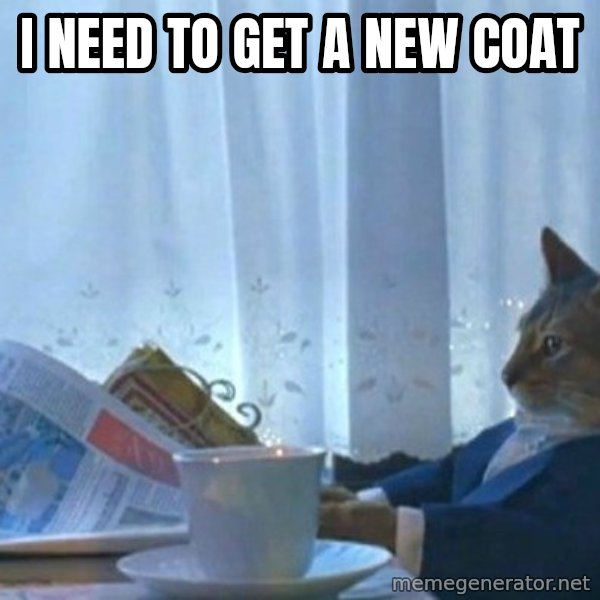 newspaper cat realization meme: I need to get a new coat