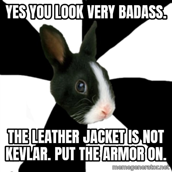 Roleplaying Rabbit meme: Yes you look very badass. / The leather jacket is not kevlar. Put the armor on.