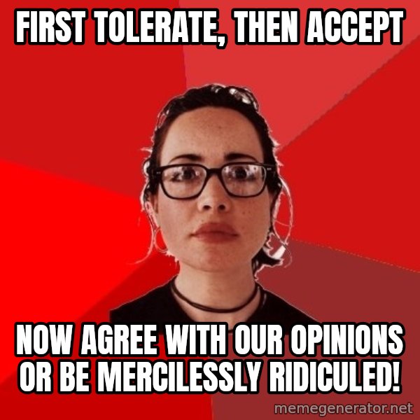 Liberal Douche Garofalo meme: first tolerate, then accept / now agree with our opinions or be mercilessly ridiculed!