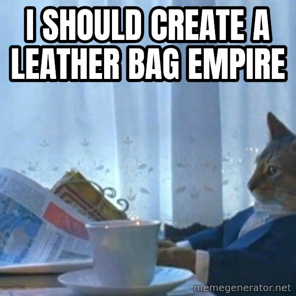 newspaper cat realization meme: I should create a leather bag empire