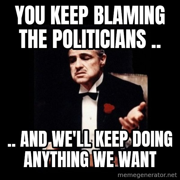 The Godfather meme: You keep blaming the politicians .. / .. and we'll keep doing anything we want
