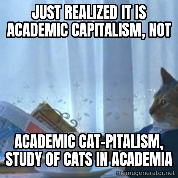 newspaper cat realization meme: Just realized it is Academic Capitalism, Not / Academic Cat-pitalism, study of Cats in Academia