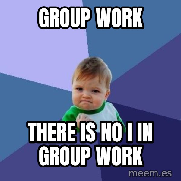 Success Kid meme: group work / there is no I in group work