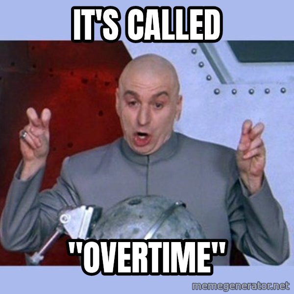 Dr Evil meme meme: It's called / "overtime"