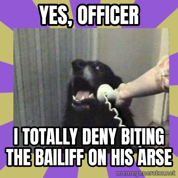 Yes, this is dog! meme: Yes, officer / I totally deny biting the bailiff on his arse