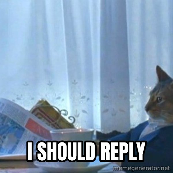 newspaper cat realization meme: i should reply