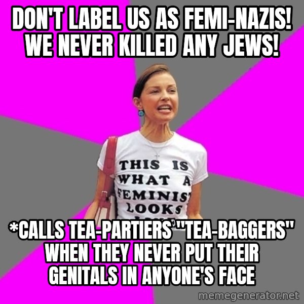Feminist Cunt meme: Don't label us as Femi-nazis! We never killed any Jews! / *Calls Tea-Partiers "Tea-baggers" when they never put their genitals in anyone's face