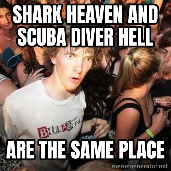 Sudden Realization Ralph meme: Shark heaven and scuba diver hell / are the same place