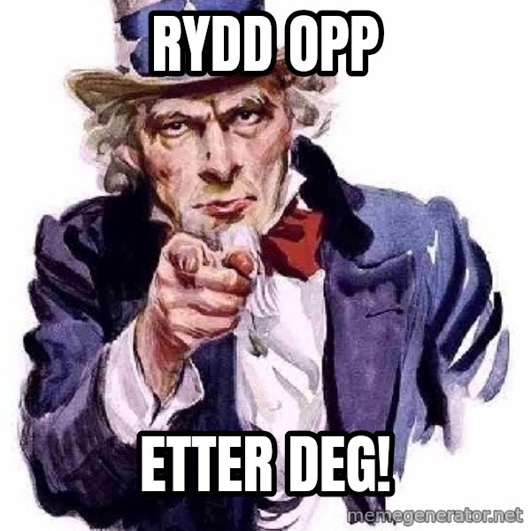 Uncle Sam Says meme: RYDD OPP / ETTER DEG!