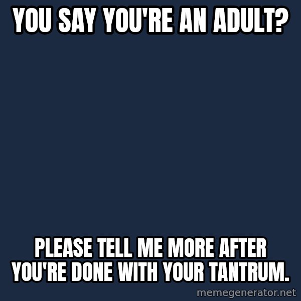 Willy Wonka meme: You say you're an adult? / Please tell me more after you're done with your tantrum.