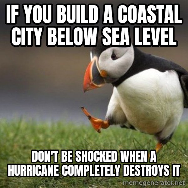 Unpopular Opinion Puffin meme: If you build a coastal city below sea level / Don't be shocked when a Hurricane completely destroys it