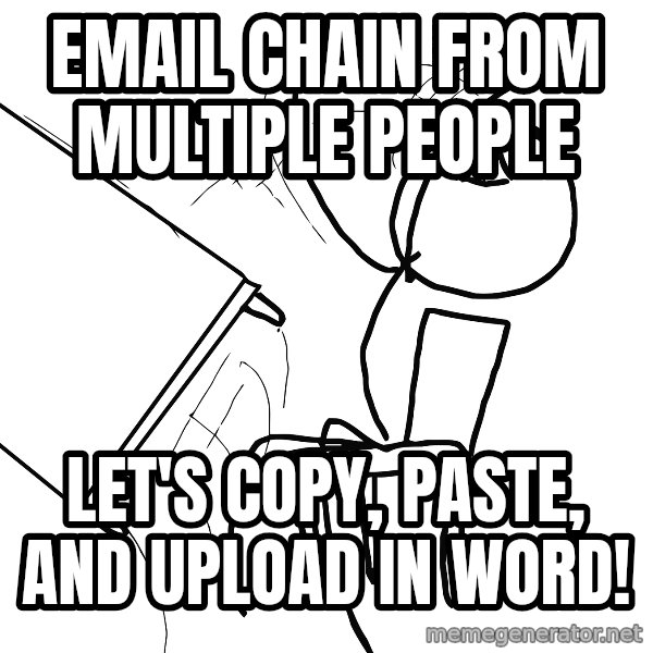 Desk Flip Rage Guy meme: Email chain from multiple people / let's copy, paste, and upload in word!