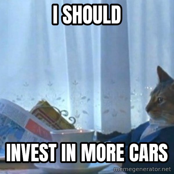 newspaper cat realization meme: I should / invest in more cars