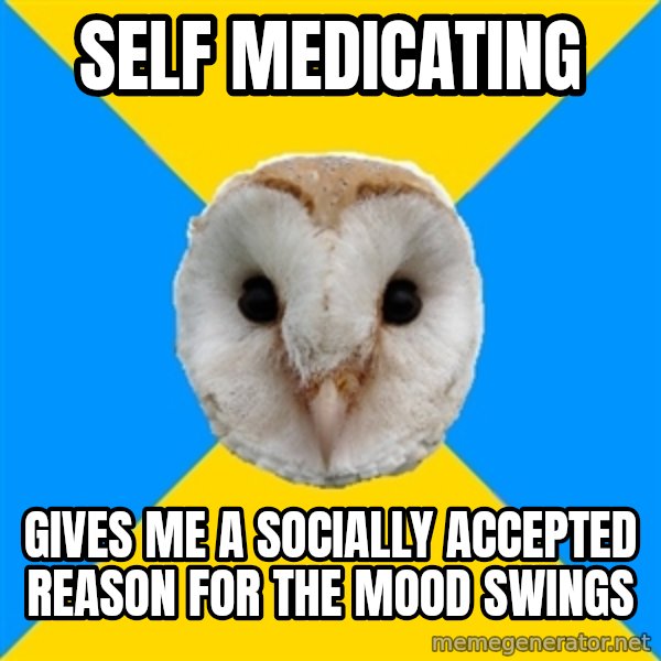 Bipolar Owl meme: self medicating / gives me a socially accepted reason for the mood swings