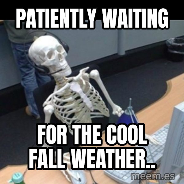Skeleton computer meme: patiently waiting / for the cool fall weather..