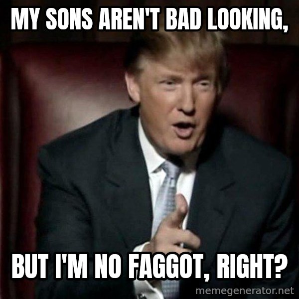 Donald Trump meme: my sons aren't bad looking, / but i'm no faggot, right?