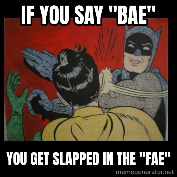 batman slap robin meme: If you say "bae" / you get slapped in the "fae"
