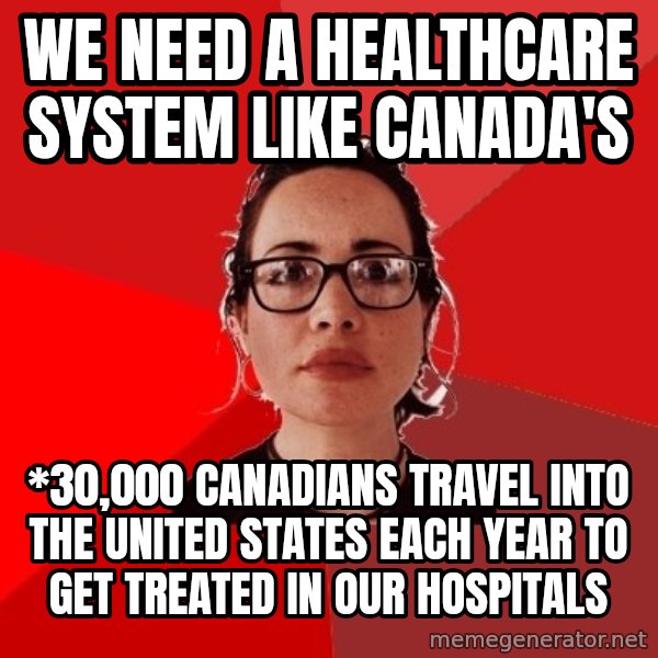 Liberal Douche Garofalo meme: We need a healthcare system like Canada's / *30,000 Canadians travel into the United States each year to get treated in our hospitals