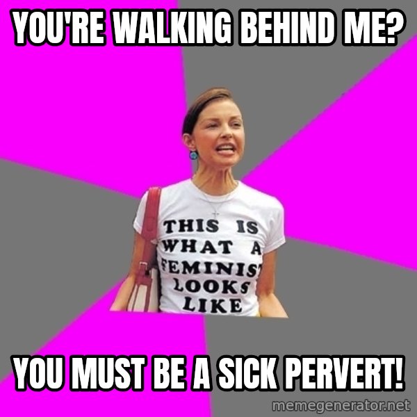 Feminist Cunt meme: You're walking behind me? / You must be a sick pervert!