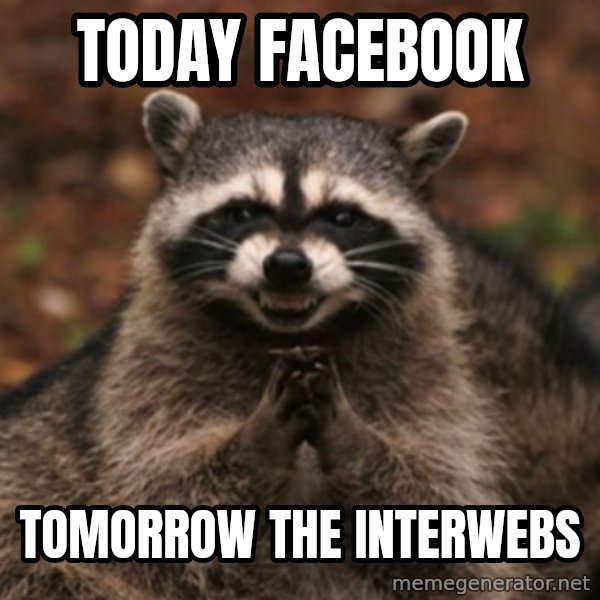evil raccoon meme: Today facebook / Tomorrow the interwebs