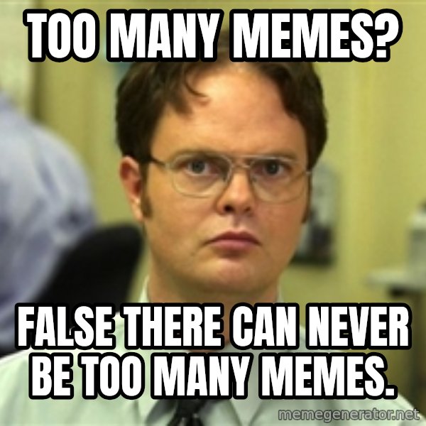 Dwight Schrute meme: Too many memes? / False There can never be too many memes.