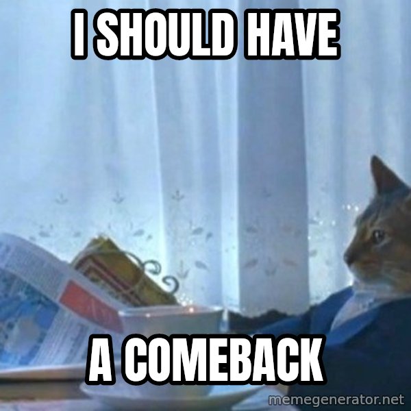 newspaper cat realization meme: I SHOULD HAVE / A COMEBACK