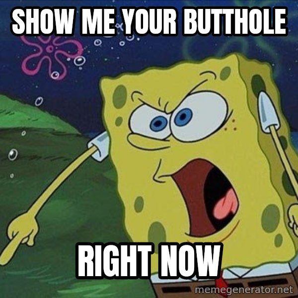 Spongebob Rage meme: SHOW ME YOUR BUTTHOLE / RIGHT NOW