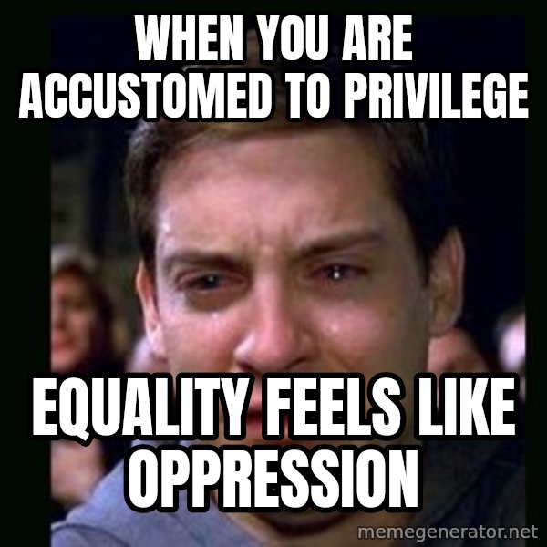 crying peter parker meme: When you are accustomed to privilege / equality feels like oppression