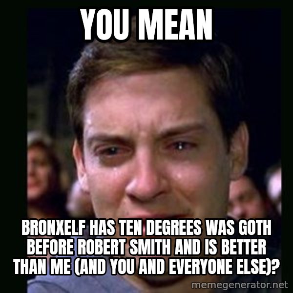 crying peter parker meme: you mean / bronxelf has ten degrees was goth before robert smith and is better than me (and you and everyone else)?