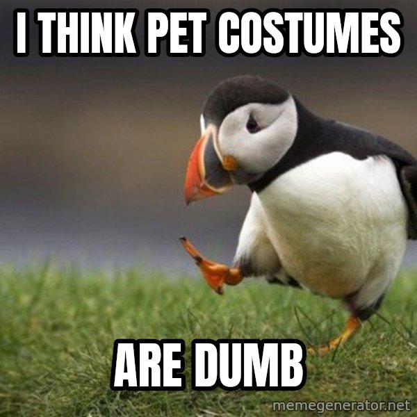 Unpopular Opinion Puffin meme: i think pet costumes / are dumb