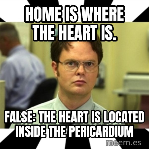 Dwight from the Office meme: Home is where the heart is. / False: The heart is located inside the pericardium