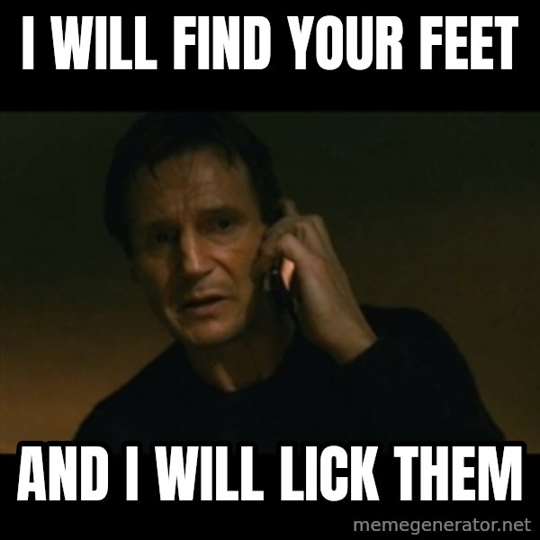 liam neeson taken meme: I will find your feet / and I will lick them