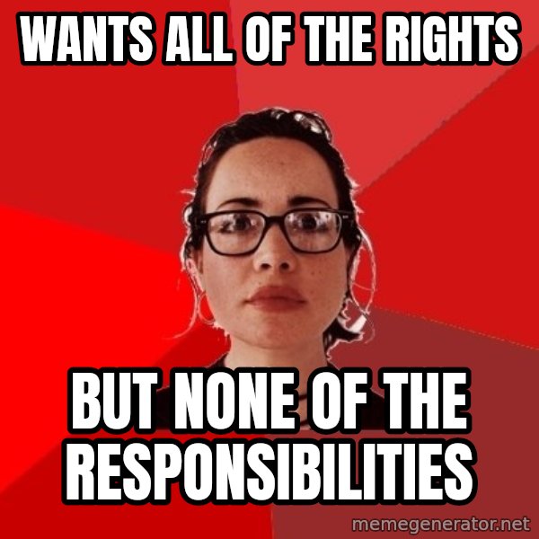 Liberal Douche Garofalo meme: WANTS ALL OF THE RIGHTS / BUT NONE OF THE RESPONSIBILITIES